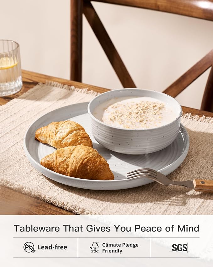 18-Piece Reactive Glaze Stoneware Dinnerware Sets for 6 - Coupe Plates & Bowls with Speckles & Spirals - Chip & Scratch Resistant Dishes, Microwave & Dishwasher Safe - Gift Box, White