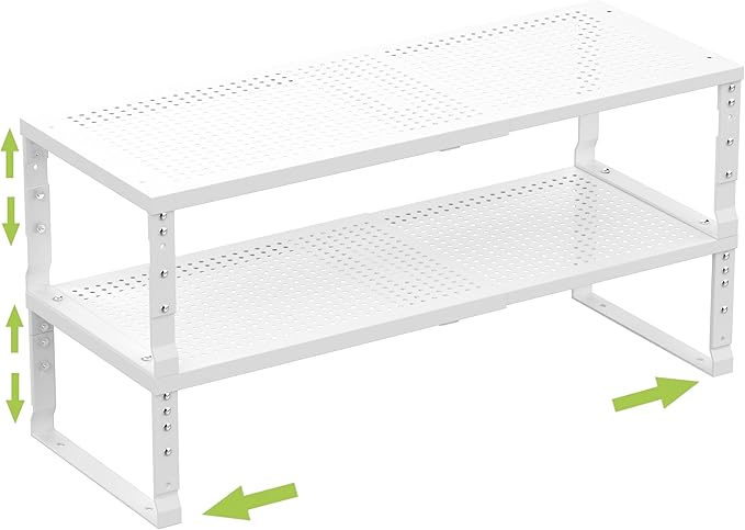 Jojocross Expandable Cabinet Shelf Organizer Storage Spice Rack Shelves for Kitchen Stackable Adjustable Pantry Cupboard Bathroom Countertop Desktop(2Packs/White/Large-with Hole)