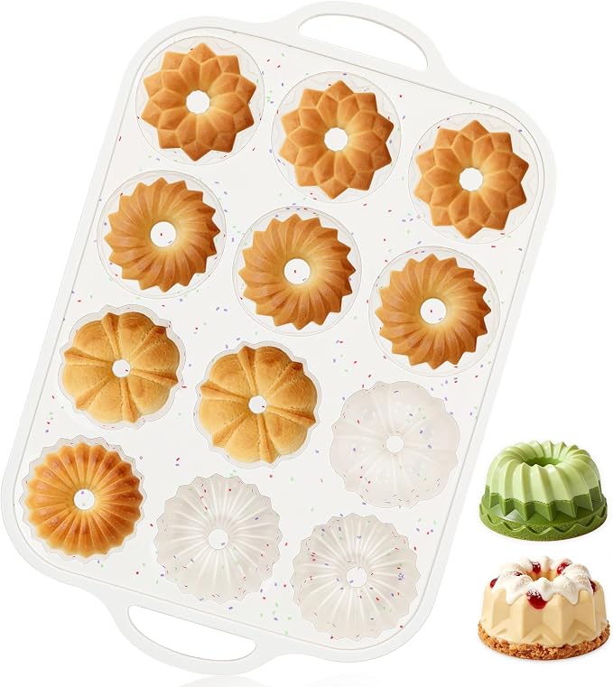 Vinino 3 Inch Silicone Mini Fluted Tube Cake Pan with Metal Reinforced Frame, 4 Different Shapes, 12-Cavity Mini Flan Mold, Nonstick Baking Pan for Mini Donuts, Jello, Pudding, Brownies, 1 Pack