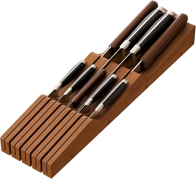 Knife Drawer Organizer, Bamboo Wood Knife Organizer Drawer Insert, Brown Knife Block Fit for 9 Knives