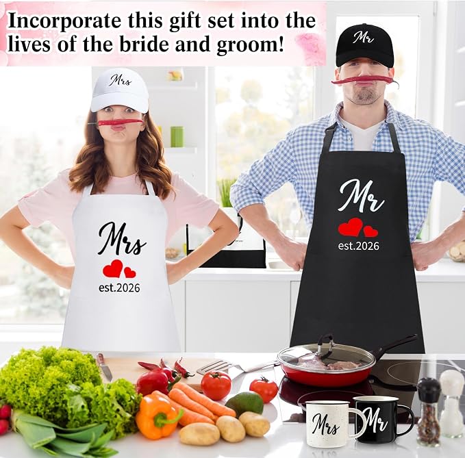 15 Pcs 2026 Wedding Gift Mr and Mrs Gifts for Couples Set, Mr and Mrs Aprons Wedding Honeymoon Bridal Shower Cooking Gifts Ideas for Bride Groom Engagement Anniversary Travel(Bride)