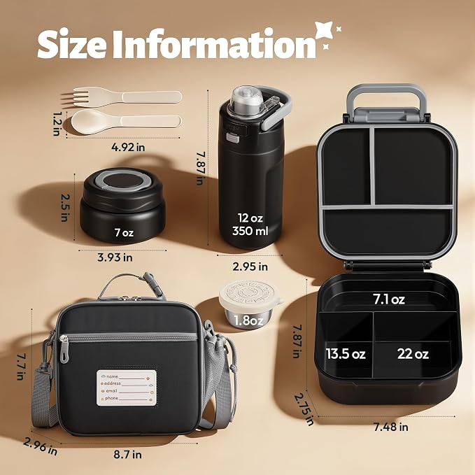 Itslife Bento Box for Kids Set, Insulated Food Container,Kids Lunch Box, 7 oz Thermos for Hot Food, 12 oz Thermos Water Bottle, Reusable Insulated Ice Bag & Fork Spoon Utensils Camping Travel Black