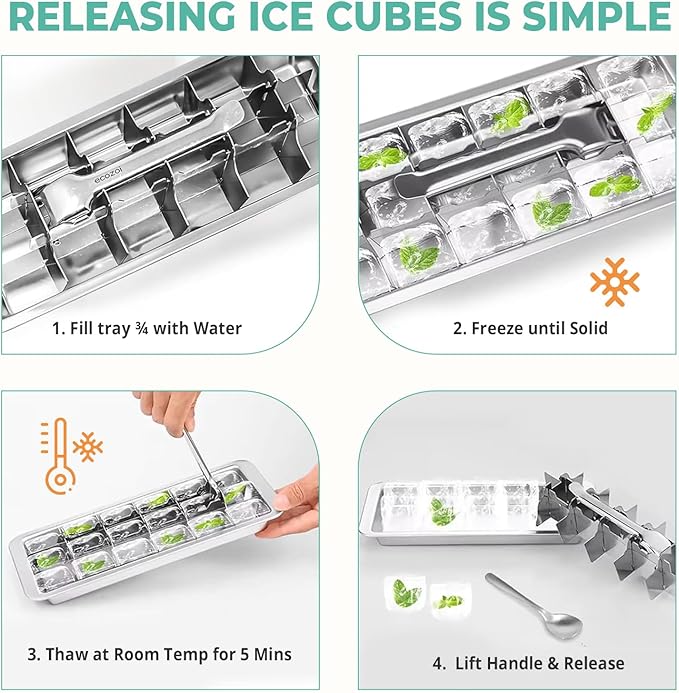 Ecozoi Stainless Steel Ice Cube Tray - 2 Pack of 18-Slot Metal Ice Cube Trays with Easy Release Lever - Plastic-Free, Eco-Friendly, Stackable Retro Vintage Ice Trays for Bars & Kitchens