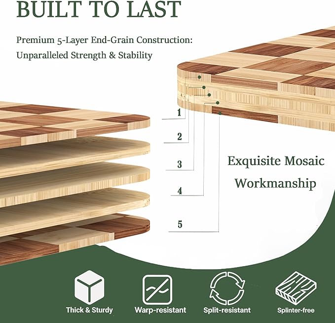 Bamboo Cutting Board Set of 3 for kitchen Checkered End Grain Wood Chopping Boards with Storage Stand & Deeper Juice Grooves | Wooded Butcher Block for Meat, Cheese, Charcuterie & Kitchen Prep