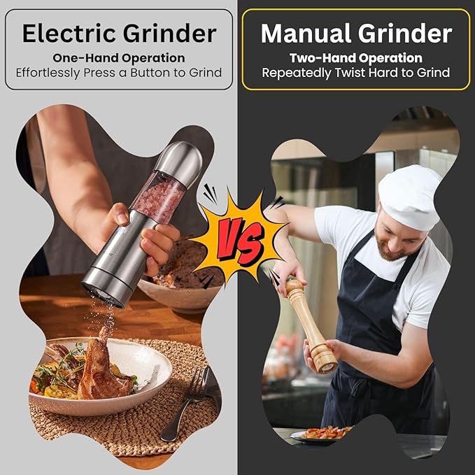 COSPRO Electric Grinder with Qi-Wireless Charging Base | Kitchen Gift | Rechargeable Automatic Spice Mill | Stainless Steel | One Hand Button Use | Adjustable Coarseness | Easy Clean