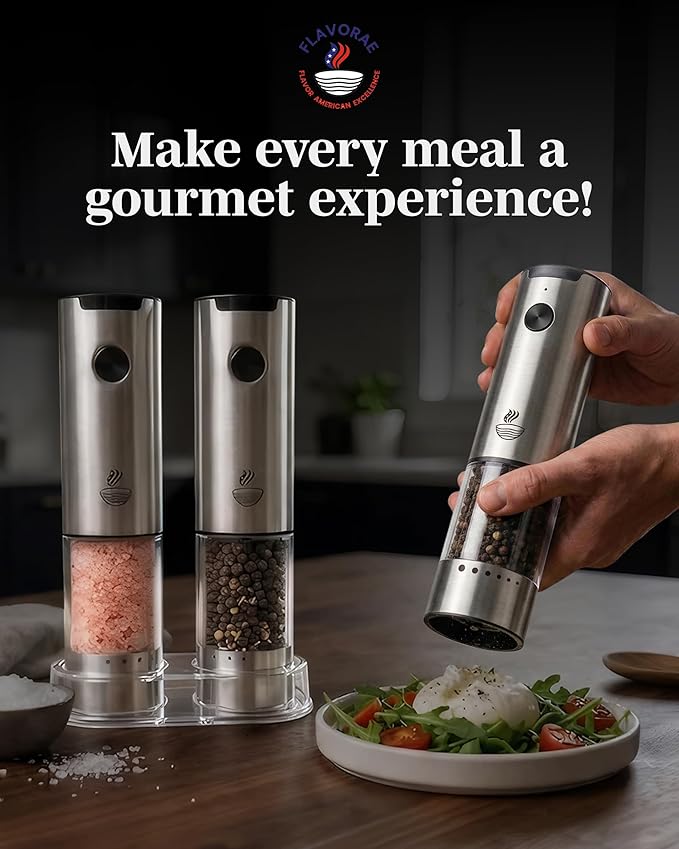 Electric Salt and Pepper Grinder Set - Silver 2 Pack Battery Operated Mills with 95ml Large Capacity, Adjustable Coarseness, Built-in LED Light, Automatic Salt & Pepper Shakers for Kitchen