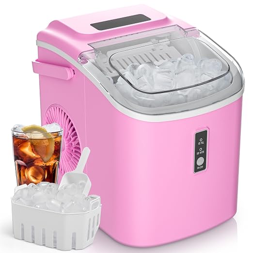 EUHOMY Countertop Ice Maker Machine with Handle, 26.5lbs Per Day, 9 Cubes in 6 Mins, Auto-Cleaning Portable Ice Maker with Basket and Scoop, for Home/Kitchen/Camping/RV (Pink)