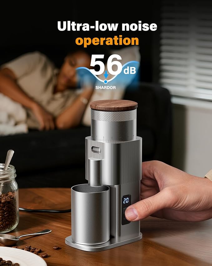 SHARDOR All-Metal Single-Dose Coffee Grinder – Quiet DC Motor, Home-use Espresso Grinder, Burr Coffee Grinder, with 80 Settings and an LED Power Display，Silver