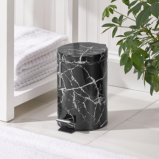 mDesign Extra Small Modern 3-Liter/.7 Gallon Round Metal Lidded Step Trash Can, Compact Garbage Bin with Removable Liner Bucket and Handle for Bathroom, Kitchen, Office, Garage - Black Marble Print