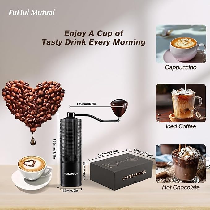Manual Coffee Bean Grinder with Adjustable Coarseness, CNC Stainless Steel Conical Burr 6 Core, Portable Hand Coffee Bean Mill For Home Use and Camping Travel Black
