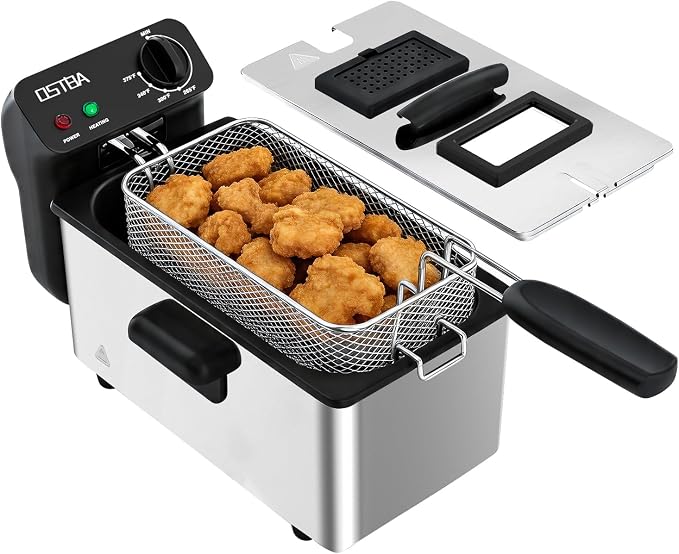 OSTBA Electric Deep Fryer with Basket, 1500W Stainless Steel Countertop Deep Fryer, 3.2QT Oil Capacity, Adjustable Temperature Control, Viewing Window, Removable Oil Container, Overheat Protection