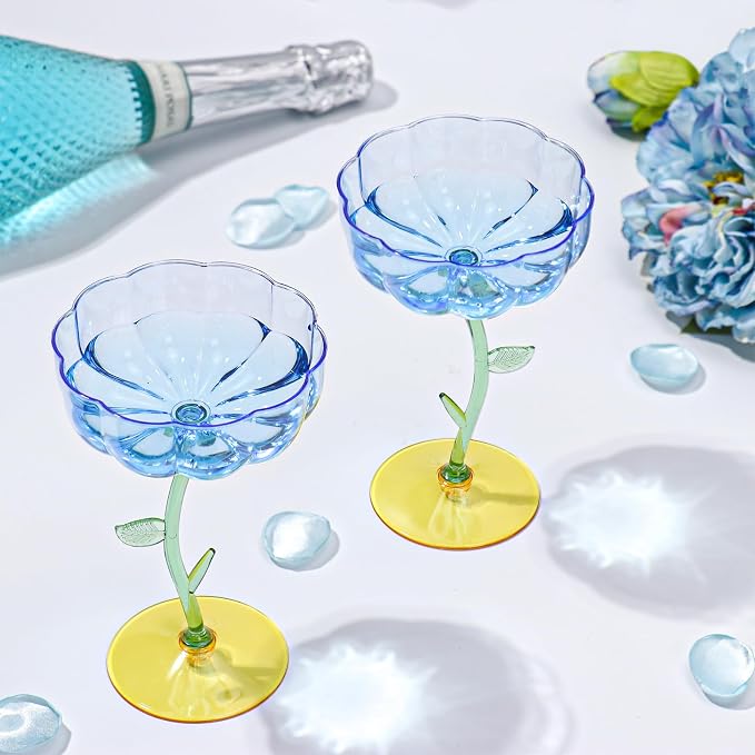 24 Pcs Blue Plastic Ribbed Coupe Glasses Detachable 7oz Flower Cocktail Glasses Modern Wavy Plastic Cocktail Coupes Disposable Martini Glasses Mimosa Glassware champagne goblets (24, Blue)
