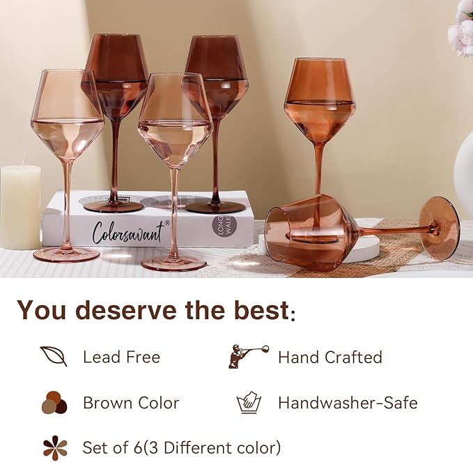 Venus Stemless Wine Glasses Set 6-14oz Melanin Colored Wine Glasses Stemless【HandBlown】 Brown Wine Glasses Set,Unique Brown Wine Glasses for Home Party Decro