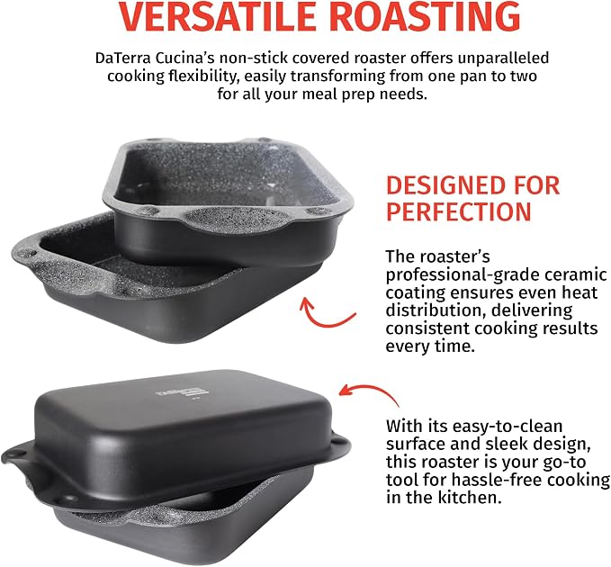 DaTerra Cucina - Nonstick Ceramic Coated Dual Roasting Pan Set – 2 Identical Pans, Oven Safe, Ideal for Roasting, Baking, Searing, Braising, Casseroles, Fits Most Toaster Ovens - 13 x 8 x 4.25