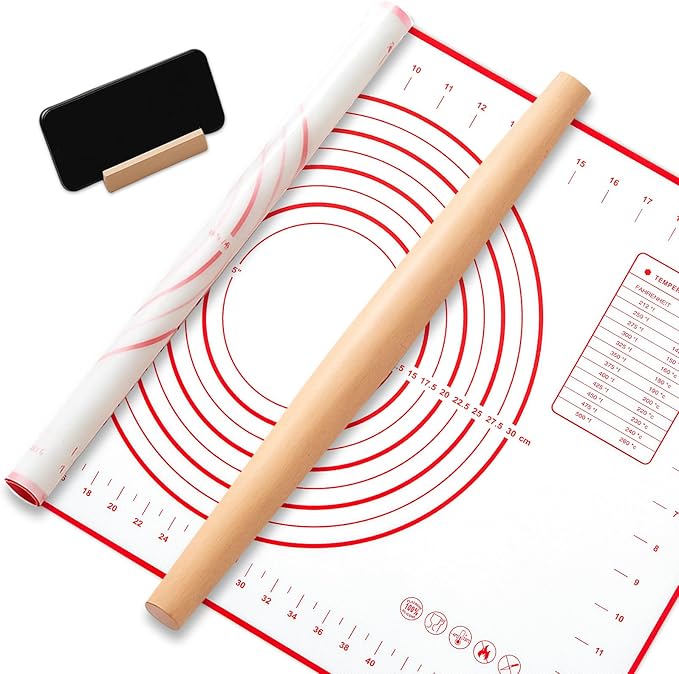 FoldTier Maple French Rolling Pin, Wood Rolling Pins for Baking with Silicone Baking Mat and Wood Base, Christmas Fondant Roller for Pie Crust Cookies Pastry Pizza Dough and Bread