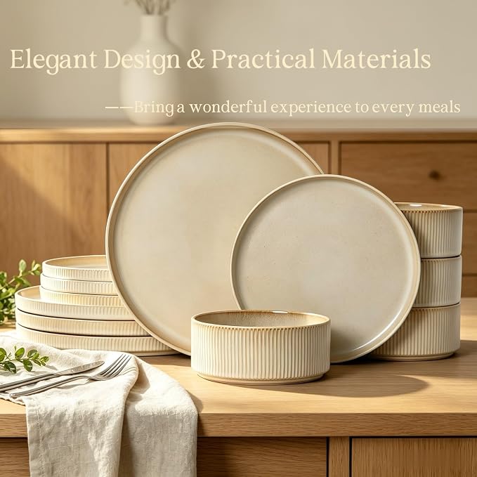 Dinnerware Sets, Plates and Bowls Set for 4, 12 Pieces Ribbed Dishes,Stoneware plates,Plates and Bowls Set for 4, Microwave and Dishwasher Safe Tableware