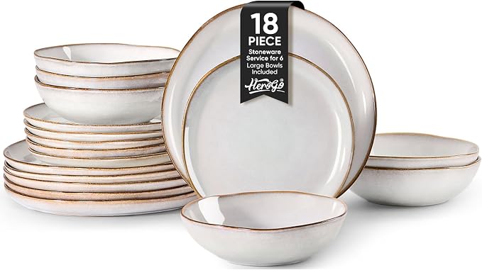 Herogo 18 Piece Stoneware Dinnerware Sets for 6, Plates and Bowls Dinner Dish Set, Irregular Handmade Dinning Ware Dishware for Home Kitchen, Microwave & Dishwasher Safe, Pearl White