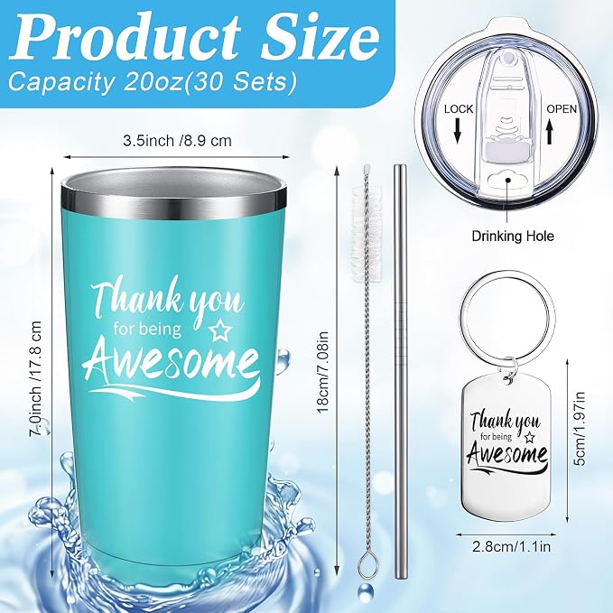 Sieral 60 Pieces Thank You for Being Awesome Tumbler, Thank You Supplies for Women Men 20oz Insulated Stainless Steel Travel Tumbler with Lid and Straw Appreciation Gift with Keychain (Fresh Color)
