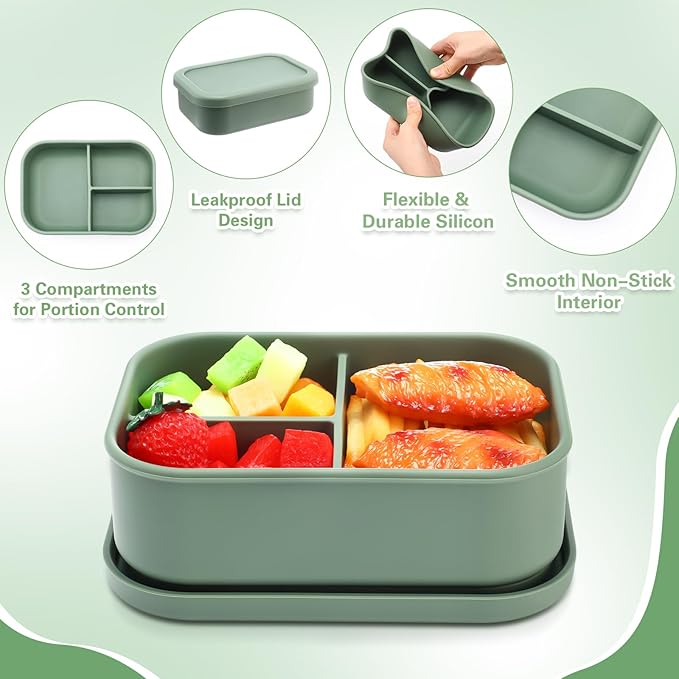 Honeydak 6 Pcs Silicone Bento Box for Adults, 3 Compartment Lunchable Food Container for Women Men, Leak Proof Microwave Dishwasher Freezer Safe (Classic Colors)
