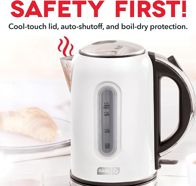 Dash Rapid Kettle - 1.7L Electric Kettle for Boiling Water, 1500W Rapid Boil, Auto Shut-Off, Soft-Open Lid, Cool-Touch Handle, Easy-View Window, Hot Water Boiler for Coffee and Tea