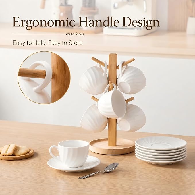 Fine Bone China Cappuccino Cups with Saucers Set of 4, 7 Oz Lightweight Coffee Tea Cups, Spiral Pattern Espresso Cups for Latte, Mocha, Macchiato, Afternoon Tea Gift