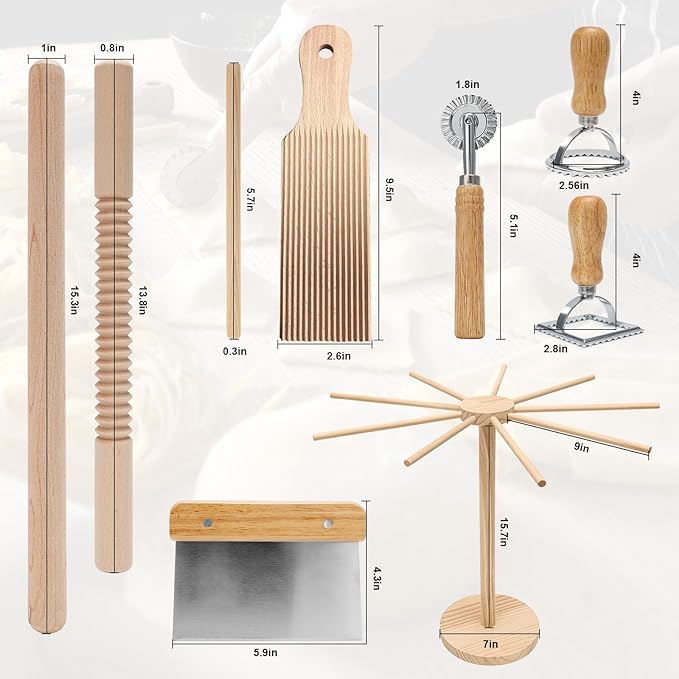 Pasta Making Tools 9 Pcs with Pasta Drying Rack, Threaded Rolling Pin, 2 Rolling Pins, Gnocchi Board, Dough Cutter, Wheel Cutter, 2 Ravioli Stamps,Pasta Making Kit Accessories for Home