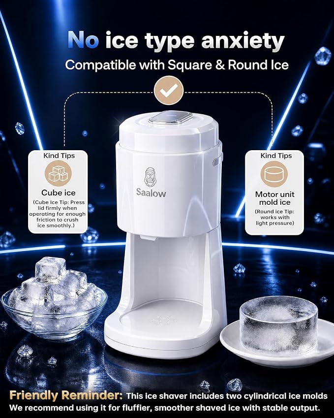 Electric Shaved Ice Machine, Professional Snow Cone Maker with Adjustable Thickness Settings, High-Efficiency 135W Motor, Portable Ice Crusher for Fluffy Ice & Slushies, Includes 2 Ice Molds