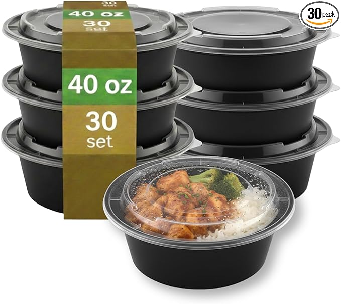 [40 oz Round Meal Prep Containers with Lids – BPA-Free Food Storage Containers, Bento Box for Restaurant & Catering Use, Stackable, Microwave, Dishwasher, Freezer Safe – 30 Pack