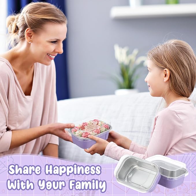 Vesici 100 Sets Mini Loaf Pans with Lids, 5.7 oz Disposable Aluminum Foil Baking Cups, Rectangle Cake Pans for Baking Storage Birthday Party(Purple)