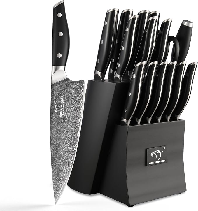 Damascus Knife Set with Block, 16-Piece VG10 67-Layer Steel Kitchen Knives | 16-piece premium Damascus kitchen knife set with VG10 steel core, 67 layers, wood block, and triple-rivet handles