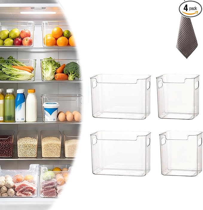 Crystal Clear Freezer Storage Bins, BPA-Free Clear Fridge Organizer Bins with Handles, Stackable Plastic Bins for Organization, Heavy-Duty Clear Storage Bins (Transparent, 2L+2S)
