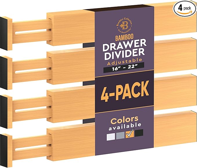 4-Pack Bamboo Drawer Dividers - 2.6 in High, Adjustable 16 to 22 in Expandable Drawer Organizers and Dresser Separators for Clothes, Bedroom, Bathroom, Kitchen, and Office Organization and Storage