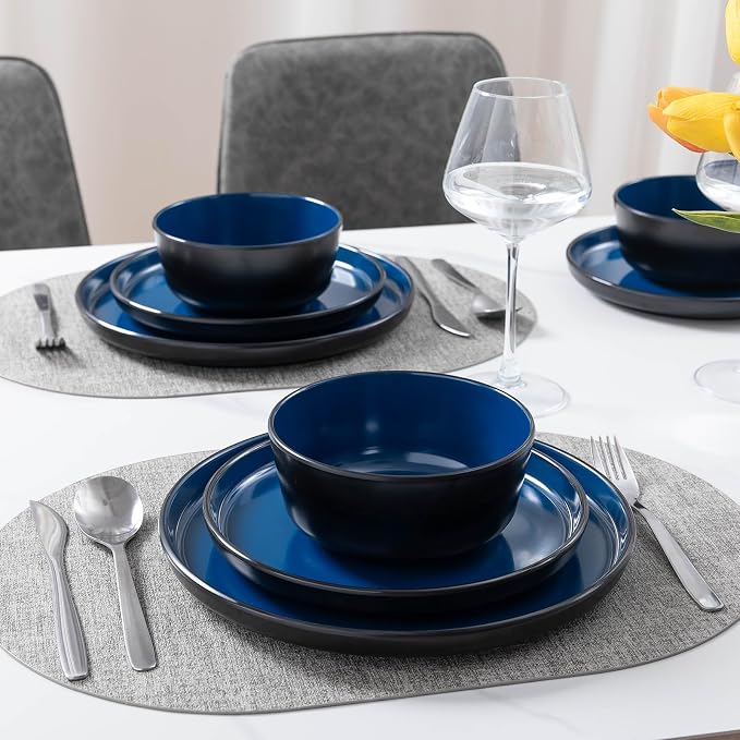 Melamine Dinnerware Sets, 12 Pcs Unbreakable Plates and Bowls Set, Outdoor Dinnerware RV and Camper Dishes Sets for 4, Kitchen Dishes Set for Entertaining, Black and Blue