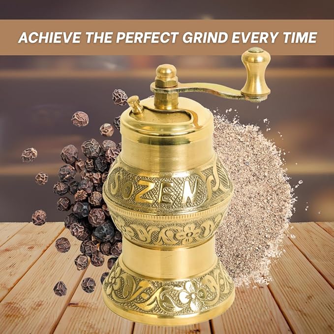 Sozen 4.7" Istanbul Manual Pepper Grinder Brass – Handmade Turkish Pepper Mill, Conical Burr Spice Grinder, Portable Hand Crank Mill for Salt, Peppercorns, and Other Spices with Durable Brass Decor