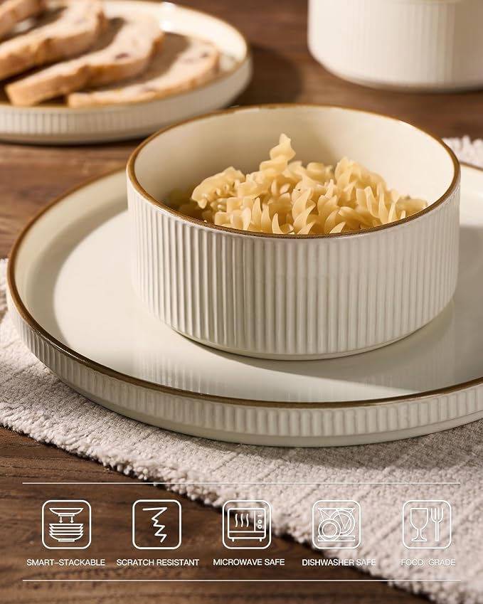 Famiware Star 24-Piece Stoneware Dinnerware Set with Trim, Service for 6 - Shallow Pasta Bowls & Flat Plates, Dishes for Everyday & Formal Use, Chip/Scratch Resistant, Microwave/Dishwasher Safe, Cream