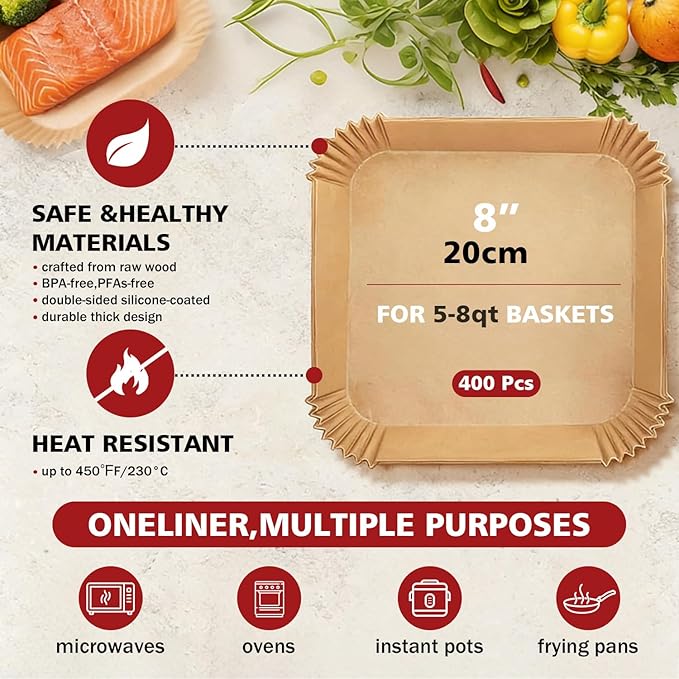 400 Pcs 8 Inch Square Air Fryer Paper Liners Disposable Parchment Liners Made of Unbleached Food Grade Paper for Non Stick Oil Proof Cooking in 5 to 8 QT Air Fryer Baskets