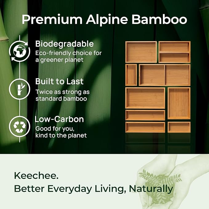 keechee Carbonized Bamboo Kitchen Drawer Organizer (Bundle: 10pc Organizers Set)