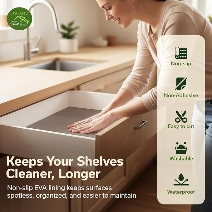EVALAND Shelf Liners for Kitchen Cabinets Non-Adhesive 17.7" x 33 FT Beige Drawer Liner Non Slip, Washable Cabinet Liner, Waterproof Shelf Liners for Cabinets, Refrigerator Bathroom Pantry - Thickened