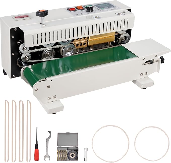 VEVOR Continuous Bag Band Sealing Machine FR900K Band Sealer Machine with Digital Temperature Control Horizontal Bag Sealer for 0.02-0.08 mm Plastic Bags Continuous Band Sealer w/Printing Function
