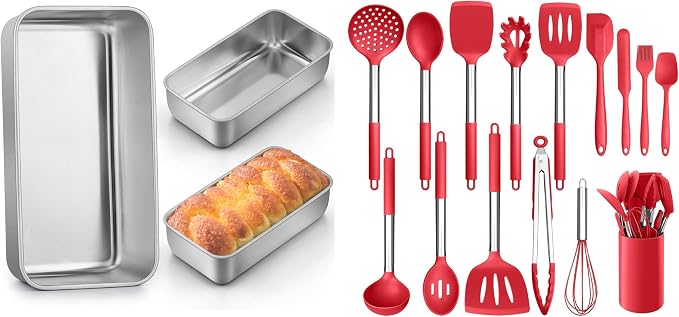 LIANYU 3 Pack Loaf Pans for Baking Bread and 15-Piece Cooking Kitchen Utensils Set with Holder, 9x5 Inch Bread Pan with Silicone Kitchen Tools Stainless Steel Handle
