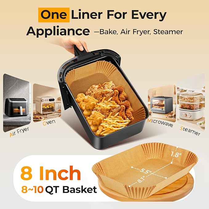 Vailnd Air Fryer Liners Disposable for Dual Basket, 100Pcs 8x5.5 Inch Rectangle Air Fryer Paper Liner for Ninja DZ201 DZ401, Chefman/COSORI 2-Basket, Oil Proof Parchment Paper