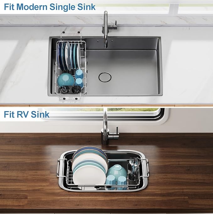 GSlife Small Over the Sink Dish Drying Rack - 9" W Expandable Stainless Steel Compact Dish Drainer for RV, Apartment, Camper, Kitchen, Dish Strainer with Lock Knob, Silver