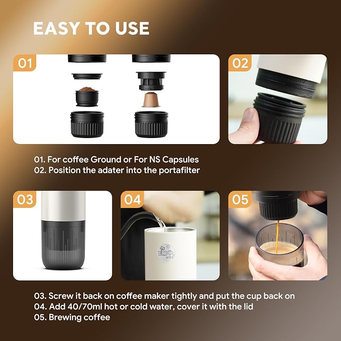 RECAFIMIL Portable Espresso Machine, Travel Coffee Maker for Camping, Car Coffee Maker Self-Heating with USB-C, 2 in 1 With Ground Coffee & NS Capsule for RV, Hiking, Office Gifts for Men(White)