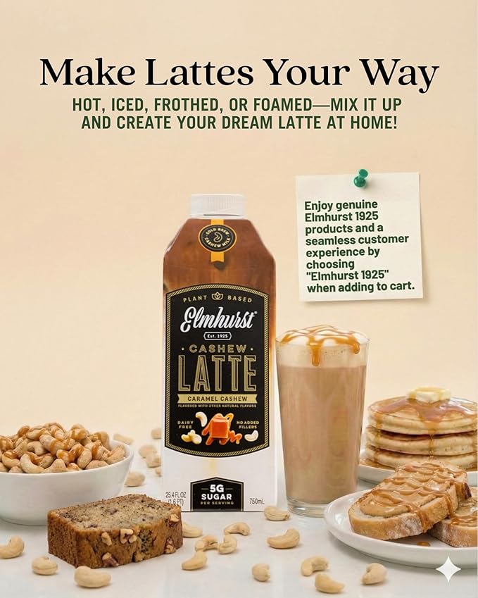 Elmhurst 1925 Caramel Cashew Latte – Plant-Based, Vegan, Dairy-Free Plant Milk Latte Made of Cashew Milk, Cold Brew Premium Arabica with 95mg Caffeine & Sweet Caramel Notes – 25.4oz (Pack of 6)