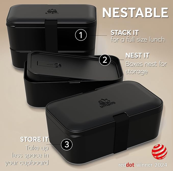Umami Adult Bento Box Lunch Set Bundle – 50 oz Leakproof Stackable Bento Box with Utensils, Dividers & Sauce Jar + Insulated Lunch Bag, Microwave & Dishwasher Safe