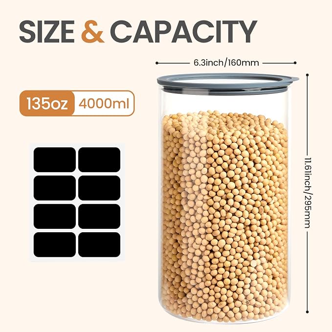 2 PCS Flour Sugar Storage Containers, 1-Gallon(4.2Qt) Cereal Containers Storage with Airtight Lids, Glass Food Jars for Oats, Cereal and More