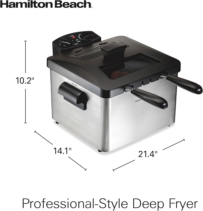 Hamilton Beach Professional Style Electric Deep Fryer With 2 Baskets | 4.5 Liter / 19 Cup Oil Capacity | 1800 Watts | Lid With View Window | Easy Detach Magnetic Cord | Stainless Steel | 35036