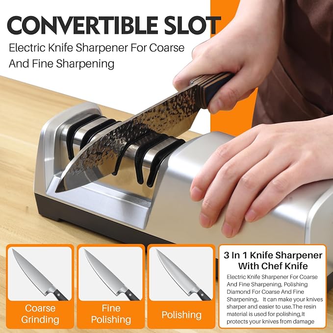 JOVANT 15° Electric Knife Sharpener for Kitchen Knives with 3-step Sharpening System and Diamond Abrasives Suitable for most Metal Ceramic Knives