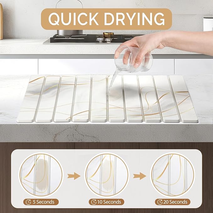Large Stone Dish Drying Mat for Kitchen Counter, 2PCS Quick Dry Stone Dishes Mat,Foldable Water Absorbing Drying Organizer Pad for Plate Rack Bottles Utensils(Printed White Gold 24"×16" & 8"x4")