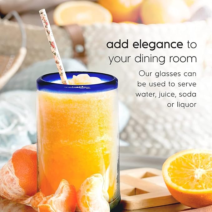 Cobalt Blue Rim 9 oz Juice Glasses (set of 6), Recycled Glass, Lead-free, Toxin-Free (9 oz Juice)